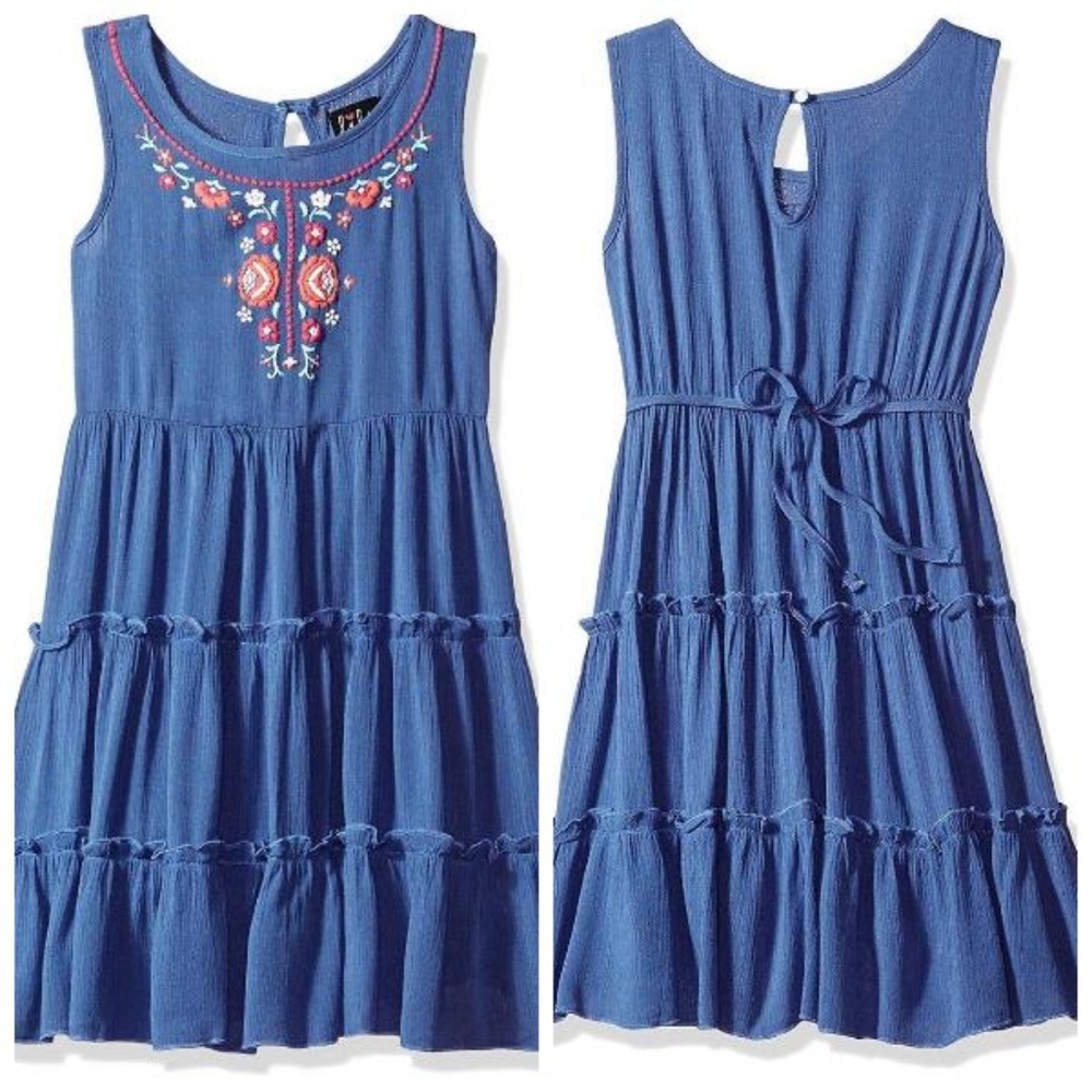 Lilt Girls Puff Floral Tiered Boho Dress Gauze Blue Sleeveless size 4 6X New‎